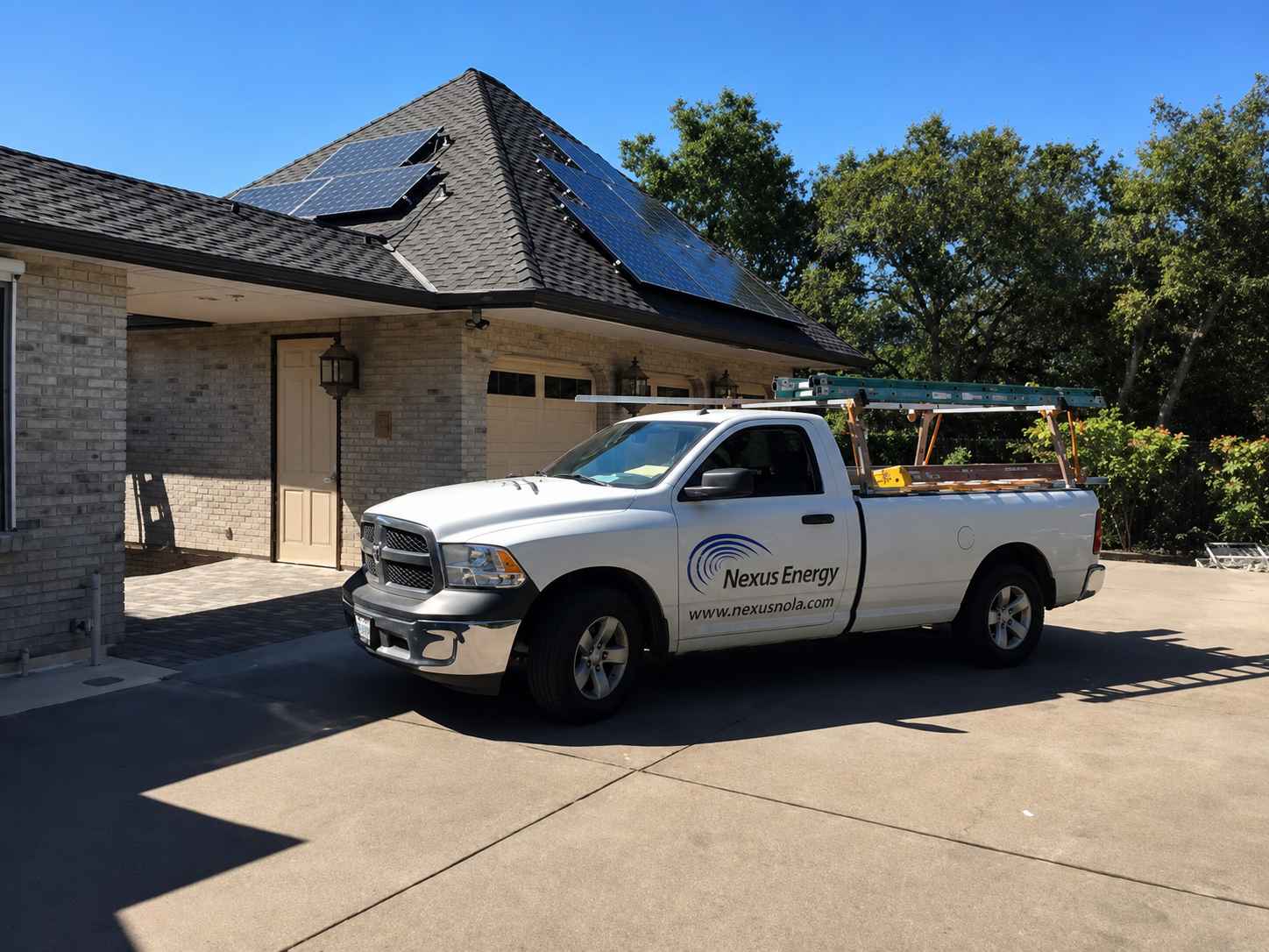 Nexus Energy Systems installation truck at a residential solar jobsite